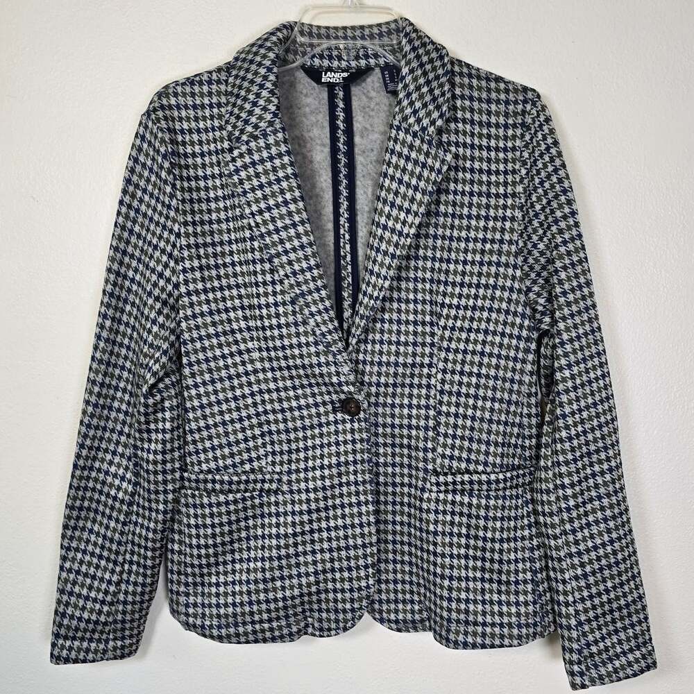 Lands End Fleece Blazer Women's S Blue Green Houndstooth Academia Classic Career
